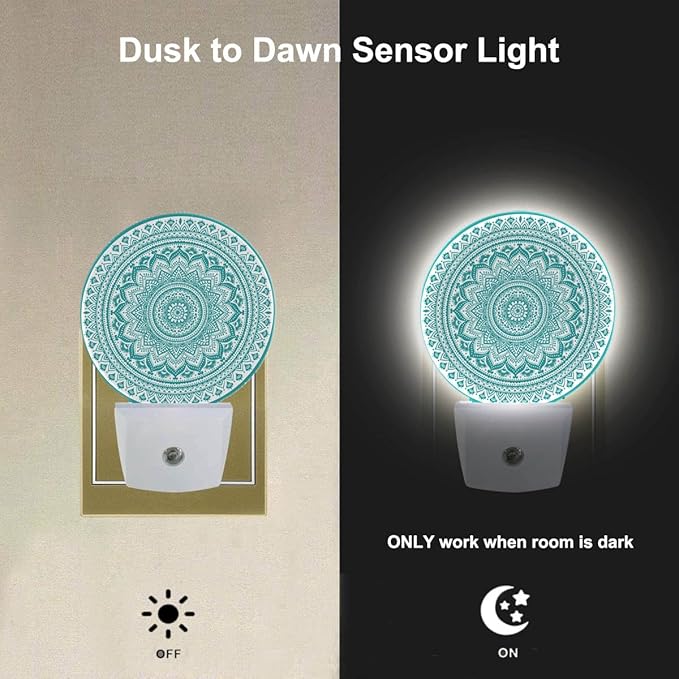 EKOBLA Mandala Night Lights Plug into Wall Teal Green Floral Mandala Flowers Night Light Dusk to Dawn Sensor Led Lamp for Boys Girls Grandma Grandpa