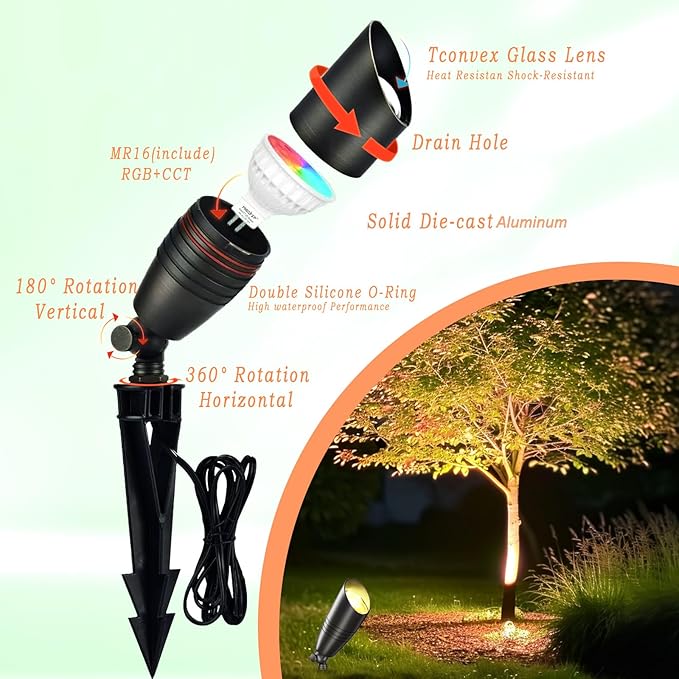 RGB Low Voltage Landscape Lights, 12V Color Changing Outdoor Spot Lights, Waterproof LED Garden Lighting for Yard/Pathway/Pool, Smart Landscape Spotlights