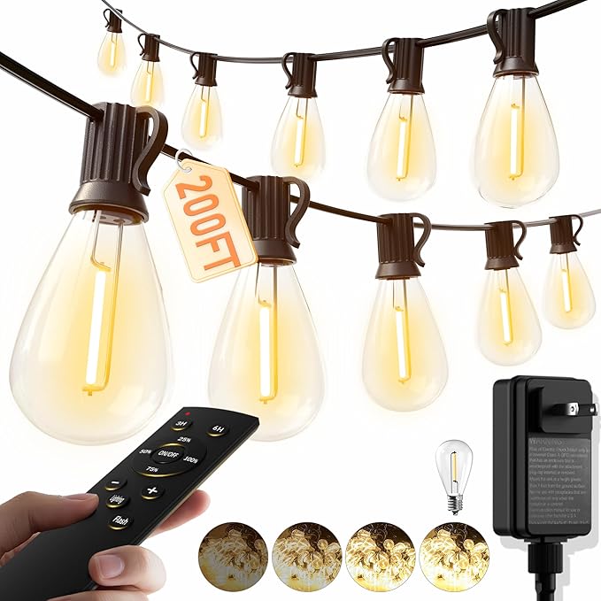 luckystyle 200FT LED Outdoor String Lights with Remote, 74+2 Shatterproof Bulbs Waterproof and Dimmable Patio Lights for Porch, Garden, Backyard, Deck, Balcony, 2700K Hanging Lighting