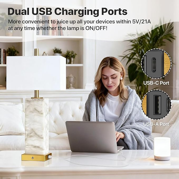 25.6" Alabaster Lamp, Marble Lamp Nightstand Lamps Set of 2, Modern Table Lamp with USB Ports, 3-Color Temperatures Bedside Lamps with Nightlight, Table Lamps for Living Room Bedroom, Bulbs Included