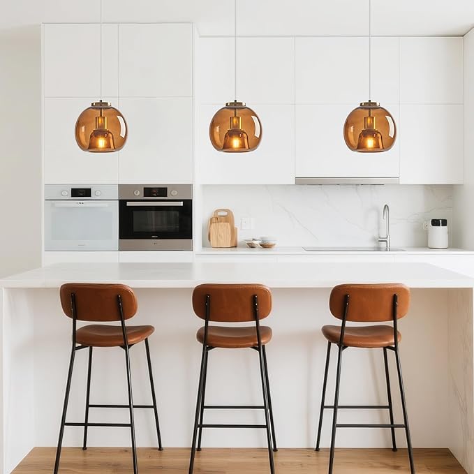 Brown Glass Pendant Lights Kitchen Island Gold Hanging Light Fixture Glass Globe Pendant Light Modern Pendant Lighting for Kitchen Island Bedroom Dining Room (7.87", 1 Pack)