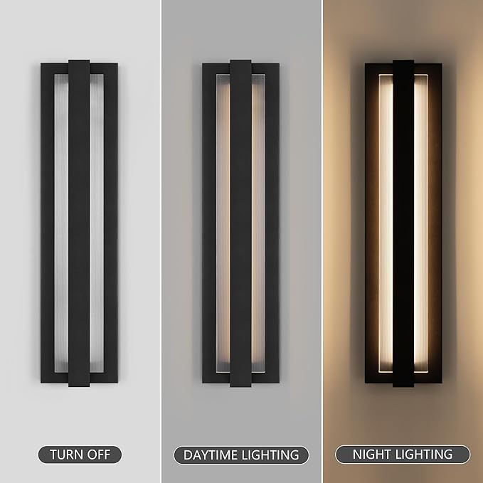 LamQee 23.6" Aluminum Long Outdoor Modern LED Wall Lights with Ribbed Glass, 2900K 2000LM Linear Exterior Lighting Fixture Wall Mount, IP65 Waterproof Black Outside Sconce for House Porch Garage Patio