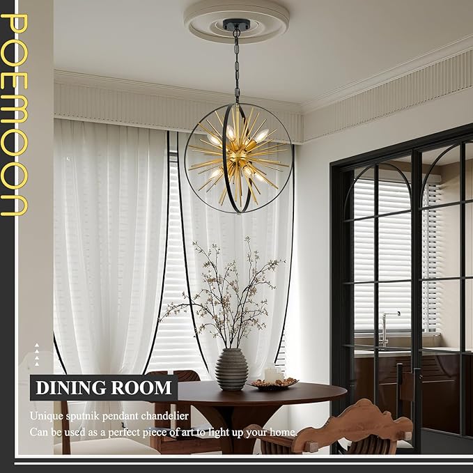 Modern 18" Globe Sputnik Chandelier 8-Light Black Gold Mid Century Ceiling Firework Pendant Light Fixture for Hallway Entryway Bedroom Kitchen Dining Living Room