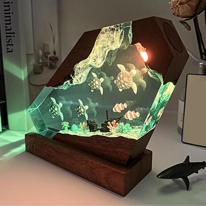 Sea Turtle Ocean Resin Lamp - Handmade Resin Night Light with USB Port, Variable Lights, Sea Turtle Gifts for Women and Men, Ocean Enthusiast Collectibles, Unique Birthday Gifts for Him & Her (10"x6")