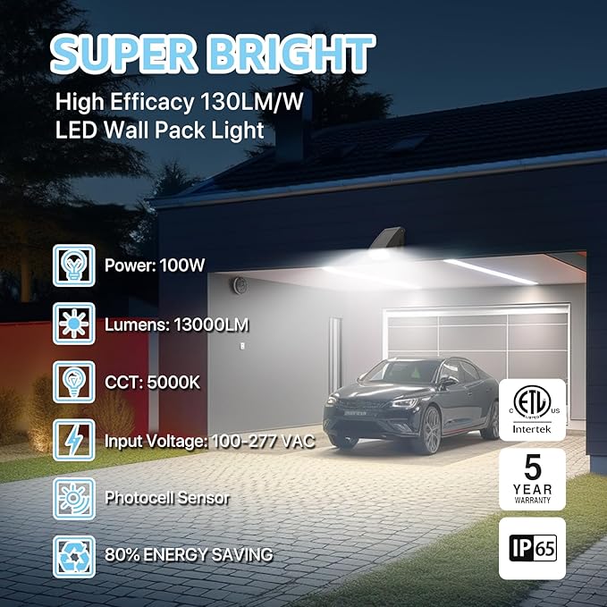 HYPERLITE Wall Pack Led Exterior Light: 100W 13,000LM ETL Listed Cut-Off LED Wall Pack Light - IP65 Waterproof Security Light Commercial and Industrial LED Wall Lights for Parking lot Home Yard
