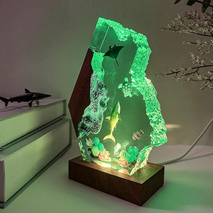 Great White Shark Ocean Resin Lamp, Handmade Resin Night Light for Home Office Decor, Multi-Color LED Light with USB Port, Shark Gifts for Birthday Holiday, Valentine's Day Gifts for Him Kids (9"x6")