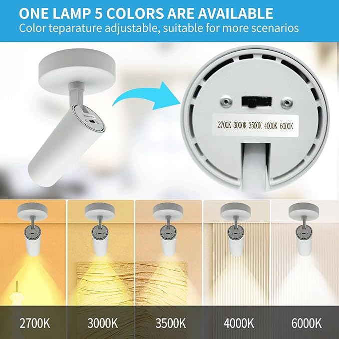 LED Ceiling Spotlight 5CCT 2700K/3000K/3500K/4000K/6000K Selectable Dimmable,Spot Light Indoor Adjustable Flush Mount Lights Fixture 12W CRI 90+, White, 2 Pack Tilt Angle Accent Lighting