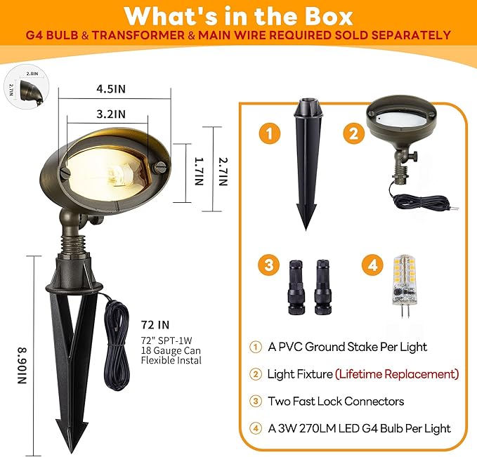 Gardenreet Landscape Flood Light - Solid Brass 12V Wall Wash Light LED, Outdoor Hardwired Waterproof, Antique Bronze Lighting for Exterior Wall Tree House with 4000K 3W 270LM G4 Bulb 6 Pack