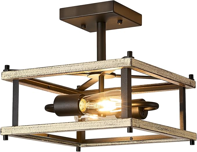 Farmhouse Ceiling Light Fixture 2-Light Square Hallway Light Black and Metal Frame Wood Grain Vintage Industrial Ceiling Lamp for Bedroom Kitchen Foyer Living Room Dining Room