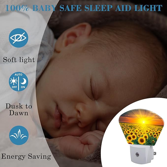 Sunflowers and Sunrise Night Light Plug into Wall, Sunflower Fields Night Light with Dusk to Dawn Sensor for Kid Girls Boys Women Men Room, Hallway, Kitchen, Bathroom, Stairs Decor