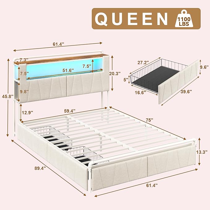 Queen Bed Frame with Storage Drawers, Upholstered Headboard with Charging Station & LED Lights, Metal Platform Bed Frame Queen Size, Noise Free, No Box Spring Needed, Easy Assembly, Beige