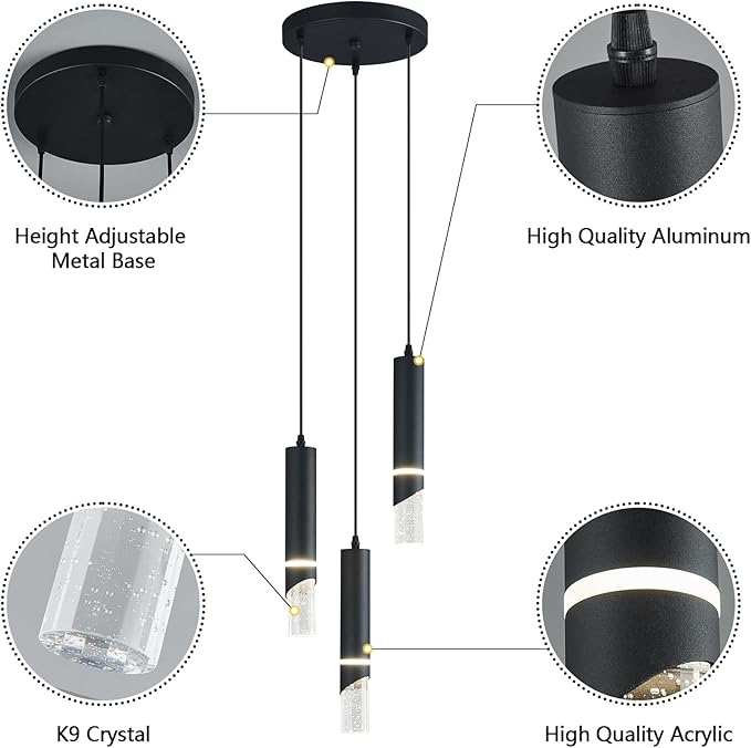 Modern Dimmable Led Pendant Lights Kitchen Island, Ideal for Living Room, Bedroom,Sink 18w LED Crystal Energy-Saving Hanging Lamp for Cozy Lighting (Black 3 Light)