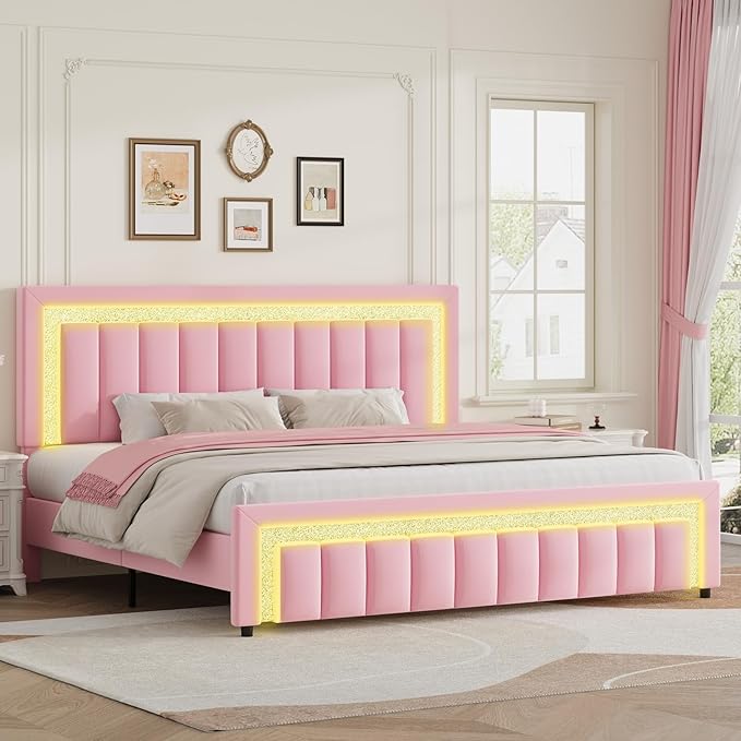 HOMBCK Bed Frame King with LED Lights and Velvet Upholstered Headboard, King Size Bed Frame with Modern Diamond Headboard Adjustable, Wooden Slats Support, Noise Free, No Box Spring Needed, Pink