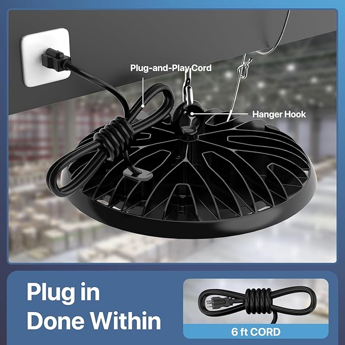 HYPERLITE High Bay LED Light: 200W High Bay LED Shop Light for Factory - 28000LM UFO Lights 4 Packs for Commercial Lighting ETL Listed