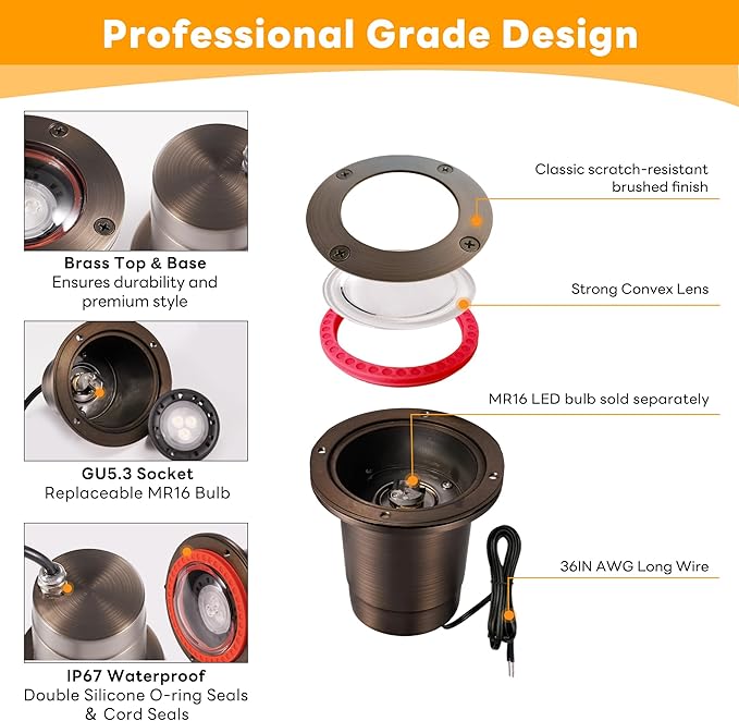Gardenreet Low Voltage Well Lights for Landscaping - Brass IP67 Outdoor In-Ground Light, 12V LED Hardwired Landscape Lighting, Antique Bronze for Pathway Tree Lawn Without MR16 Bulb (8 Pack)