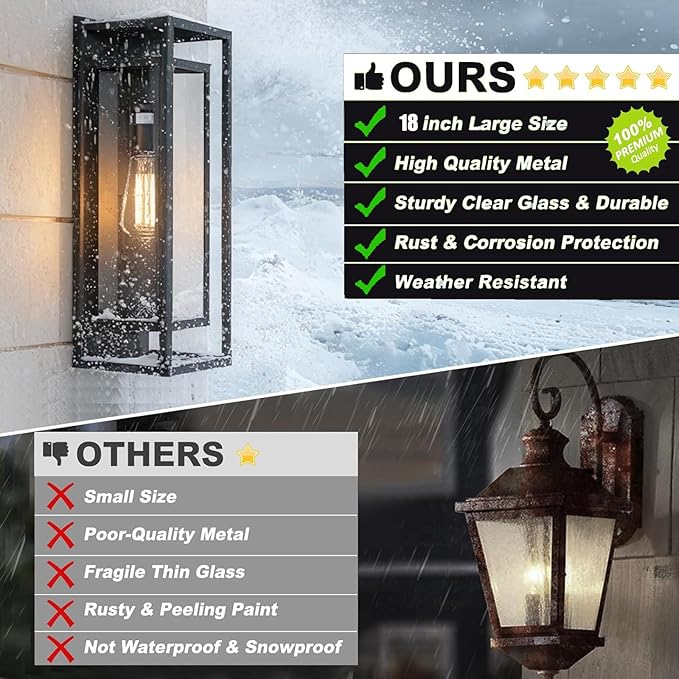 2Pack 18inch Outdoor Wall Light Fixtures, Exterior Waterproof Modern Matte Black Wall Lamps with Glass Shades,E26 Sockets Porch Light for Front Door Patio Entryway