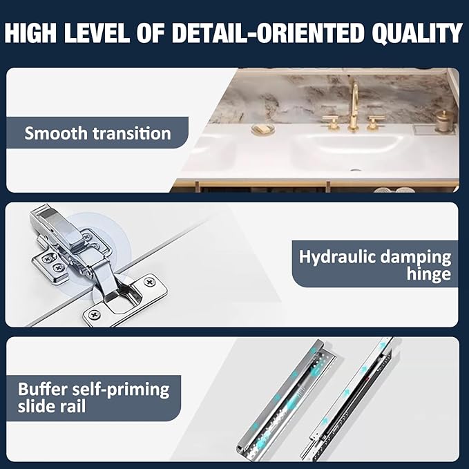56IN Double Bathroom Vanity with Sink - Ambient Lighting & Glod Slate Top | Suspended Bathroom Cabinet, LED Smart Defogger Mirror, Wall Mounted Bathroom Vanities