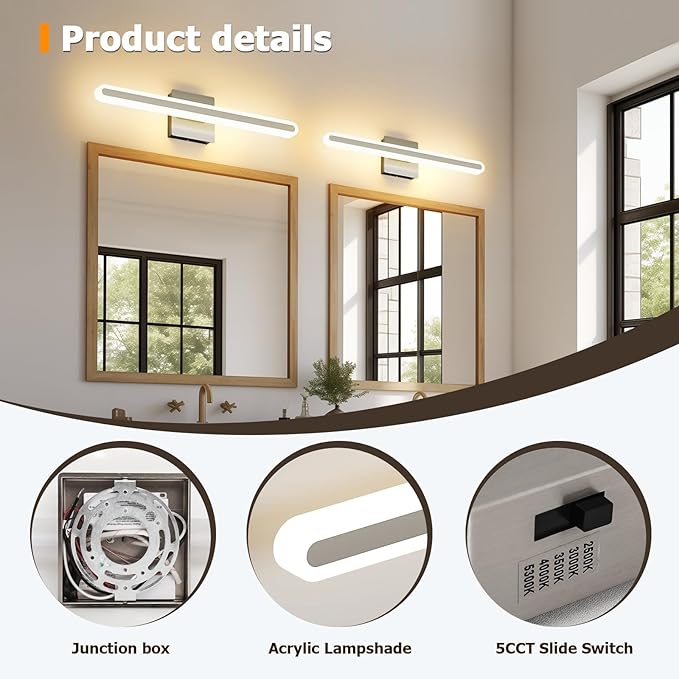 Joosenhouse Brushed Nickel Vanity Lights for Bathroom, 5CCT Dimmable Vanity Light Bar, Above Mirror Makeup Mirror Light, Modern Bathroom Lighting Fixtures 23.6 inch 20W