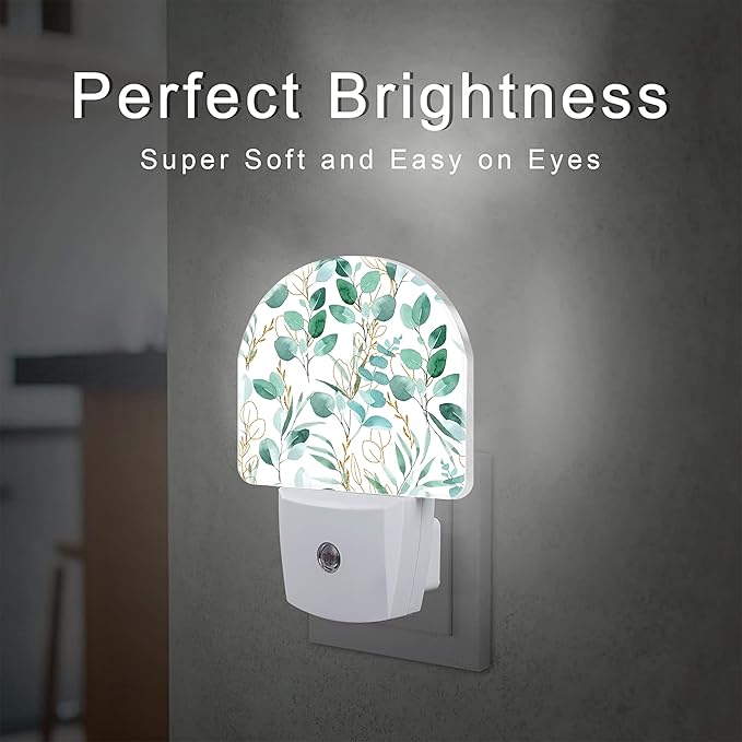 Green and Gold Eucalyptus Leaves Night Light Plug into Wall,Watercolor Botanical Leaves Dusk to Dawn Night Light,0.5w Energy Saving Sleep Friendly Nightlights for Kids Boys Girls Home Decor