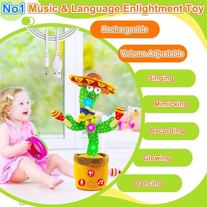 Rechargeable Dancing Talking Cactus Toy w/Volume Adjustable, Cactus Baby Toy Repeat What You Say, Baby Toys for Boys Girls, Singing Mimicking Cactus Toy, Birthday or Chirstmas Gifts for Grandkids