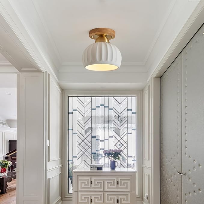 White Ceramic Wood Brass Base Semi Flush Mount Ceiling Light Vintage Hallway Light Fixtures, Modern Small Flush Mount Ceiling Light Lamp for Hall Kitchen Entryway Passway Porch Foyer