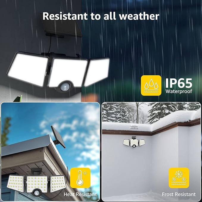 Solar Lights for Outside, WL5000 Motion Activated Security Lights, Separate Solar Panel, 3 Adjustable Head 270° Wide Lighting Angle, IP65 Waterproof Wall Lamp for Porch Yard Garage, 2 Packs