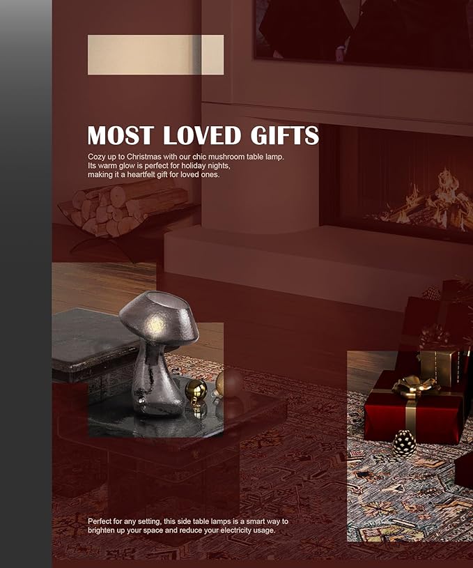 V06 Vintage Mushroom Table Lamp - Dimmable Nightstand Lamps with Clear Glass, Retro Black Bedside Lamp, Aesthetic Small Cute Nightlight for Bedroom, Living Room, Dining, Entryway, Bulb Included