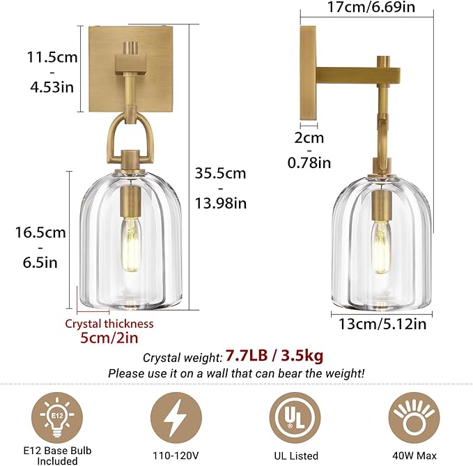 Botanist Cloche Crystal Wall Sconce, Modern Brass and Crystal Bathroom Wall Sconce, Indoor Luxury Decorative Lighting Wall Sconces for Bedroom/Hallway/Stairs,Dimmable LED Included