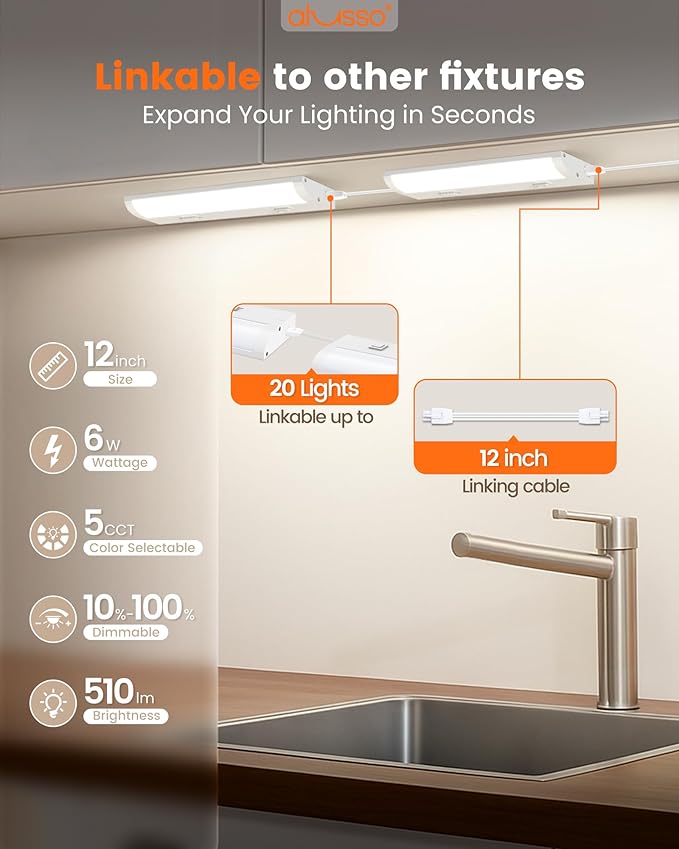 ALUSSO LIGHTING® 12 Inch LED Under Cabinet Lighting Hardwired & Plug in, 5CCT Color Selectable 2700K-5000K Dimmable 6W 510LM High Brightness, Linkable Strip Under Counter Lights for Kitchen, 2 Pack