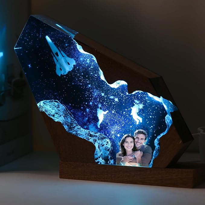 Custom Photo Space Resin Lamp - Handmade Galaxy Resin Night Light with Variable Lights, Unique Valentines Day Gifts for Him Her Kids, Personalized Birthday Gifts for Women Men Wife Husband (8"x5")