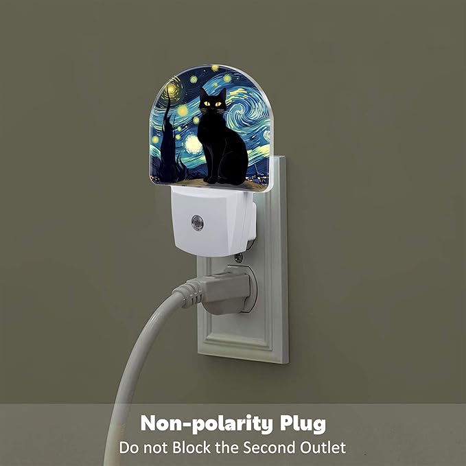 Starry Night Black Cat Night Light Plug into Wall, Impressionist Oil Painting Dusk to Dawn Night Light Plug in,0.5w Energy Saving Sleep Friendly NightLight for Kids Boys Girls Home Decor
