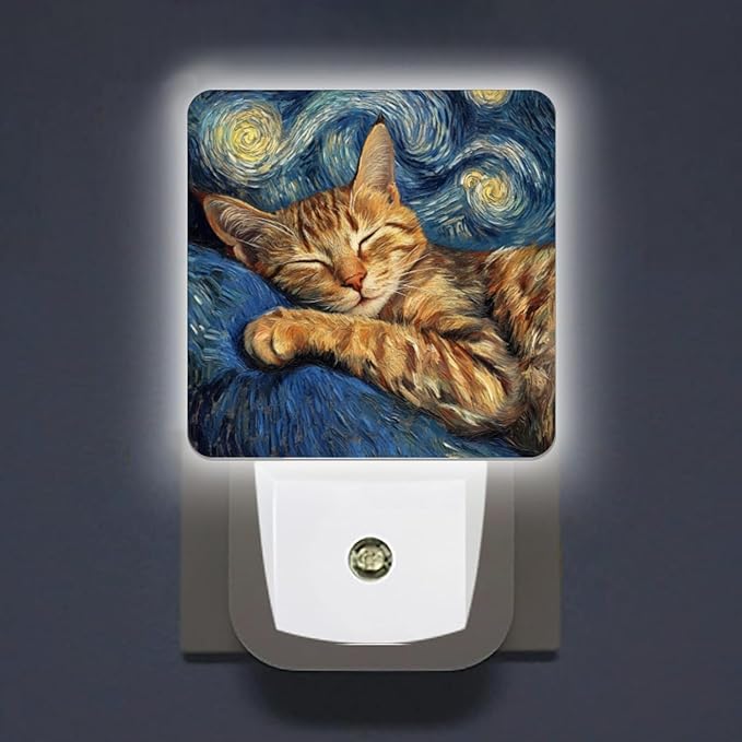 LED Night Lights Plug into Wall,Starry Night Napping Brown Tabby Cat Decorative Night Lights Plug into Wall with Auto Light Sensor for Boys Girls Bedroom Decorative Nightlight Led Lamp