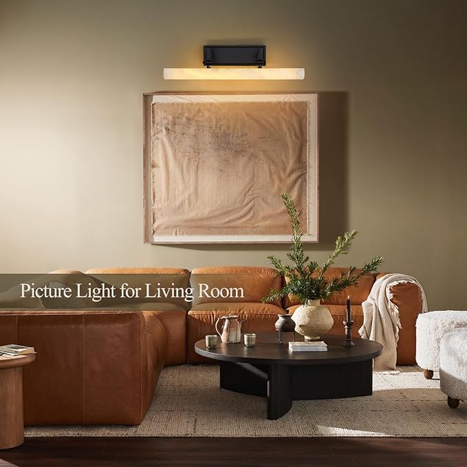 Alabaster Picture Lights for Wall, 20in Spanish Marble Picture Light Hardwired, Black Vanity Lights for Bathroom, Dimmable Modern Wall Lighting Gallery Light for Paintings, Bookshelf, Poster Display