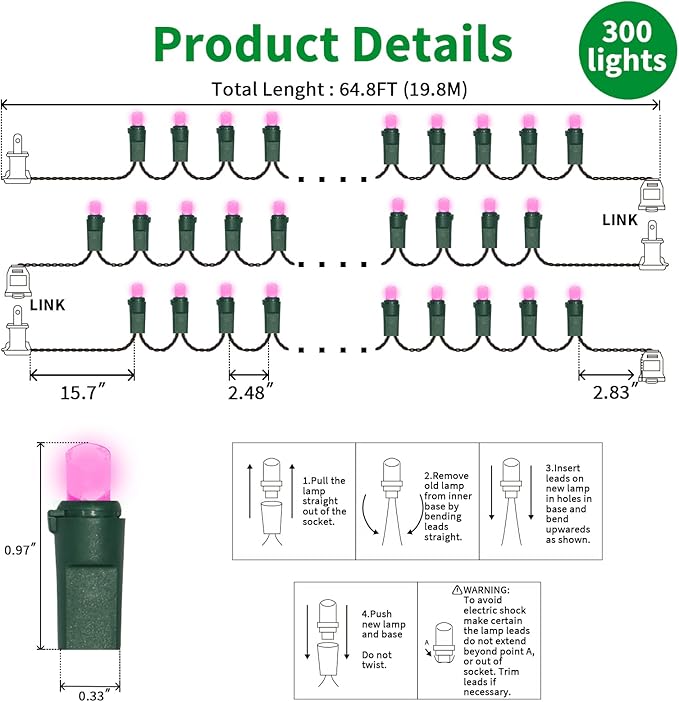 LAMPHOME Pink Valentine Lights String, 64.8 Ft 300 Count Valentines Day, Pack of 3 Strands 21.9 Ft 100 Lights UL Certified Commercial Grade Green Wire 5mm Holiday String Light