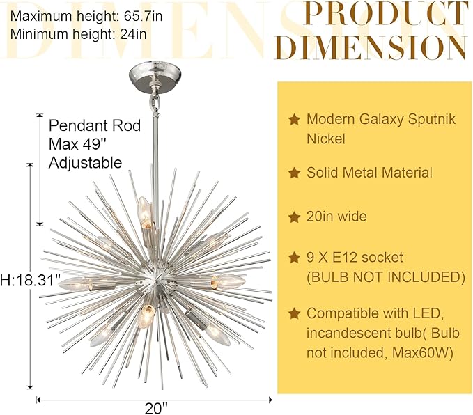 20" Modern Nickel Sputnik Chandelier 9-Light Starburst Chandelier Light Fixture Vintage Framhouse Chrome Solid Metal Sputnik Chandeliers for Dining Room, Living Room, Bedroom, Kitchen, E12