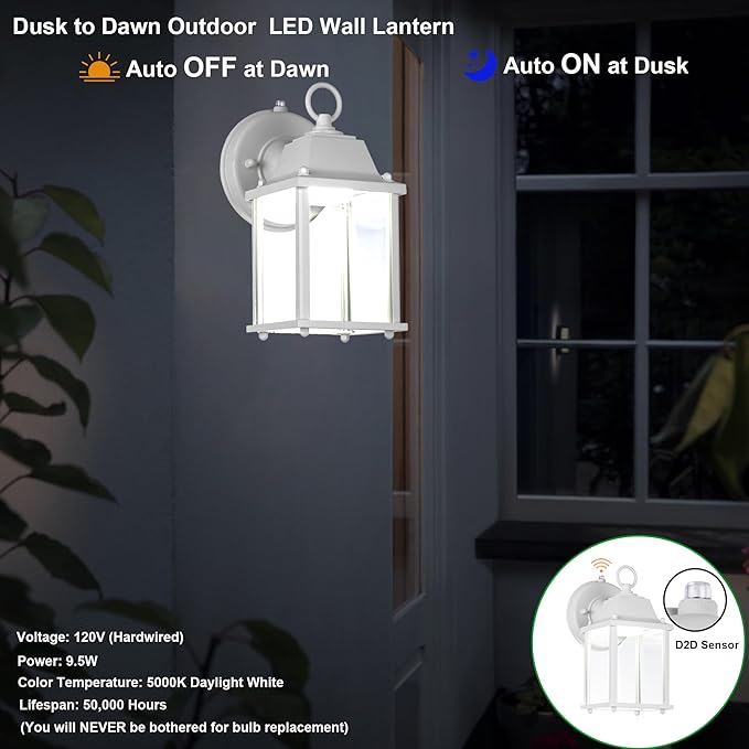 LIT-PaTH Small Outdoor LED Wall Lantern with Dusk to Dawn Photocell, 5000K Daylight White, 9.5W, 800 Lumen, Aluminum Housing Plus Glass, Outdoor Rated, 1-Pack, White