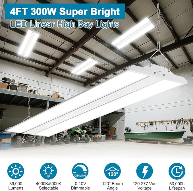 High Bay LED Shop Light 4FT 300W/240W/200W, 4000K/5000K Selectable 120-277V, Commercial Linear High Bay Lights for Warehouse Workshop, ETL 2Pack