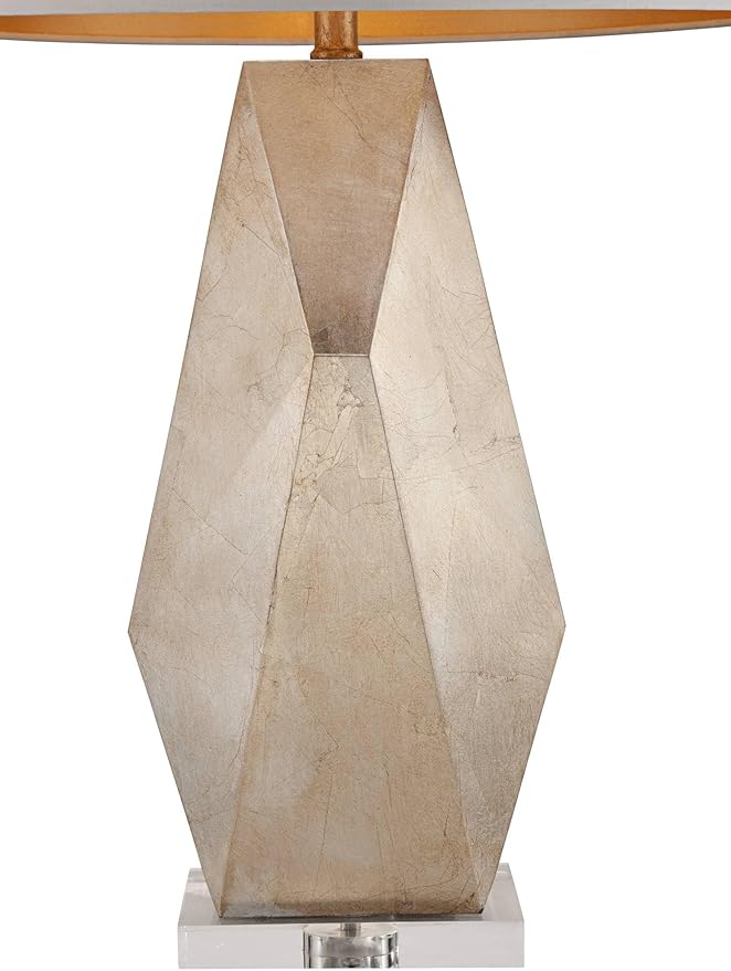 Possini Euro Design 32 1/2" Tall Geometric Large Mid Century Modern Glam End Table Lamps Set of 2 Champagne Gold Living Room Bedroom Bedside Nightstand House Office Home Reading Off-White Shade
