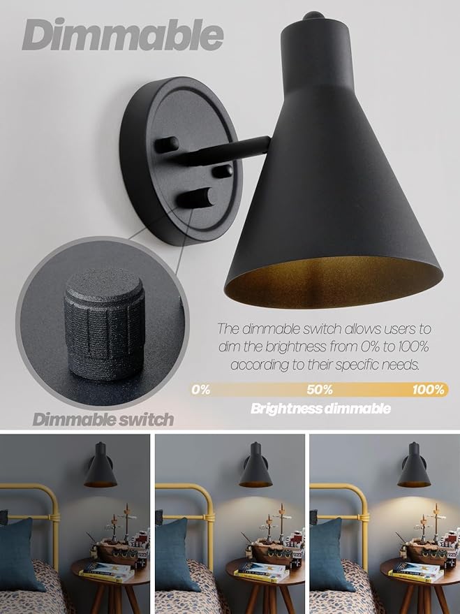 Wall Sconces Black Wall Sconce with Switch Bathroom Vanity Light with Metal Shade Dimmable Sconces Wall Lighting for Bedroom Living Room Bedside Bathroom Hallway Stairway E26 Hardwired