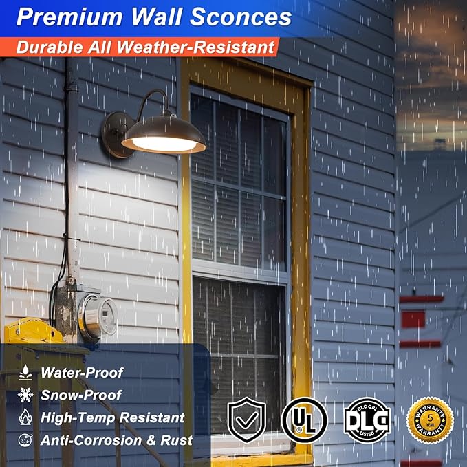 28W LED Gooseneck Barn Light with Dusk to Dawn Photocell, 8 inch Outdoor Farmhouse Wall Light - 5CCT Selectable, Outdoor LED Barn Lights for Garage Doorway, 120-277V UL Listed (2-Pack)
