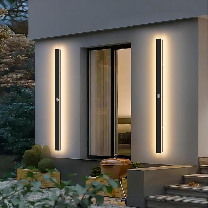 2 Pack 47.25inch Motion Sensor Long Outdoor Wall Lights 35W Black 3000K Warm White Motion Porch Lights IP65 Waterproof Exterior Wall Light Fixtures for Garage Patio Porch