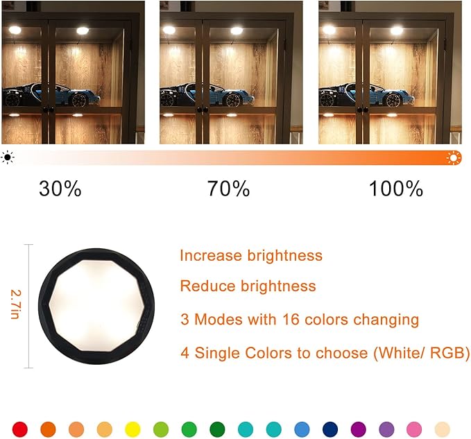 Under Cabinet Wireless LED Puck Lights: Changeable 16 Colors, USB Rechargeable, Timing & Dimmable