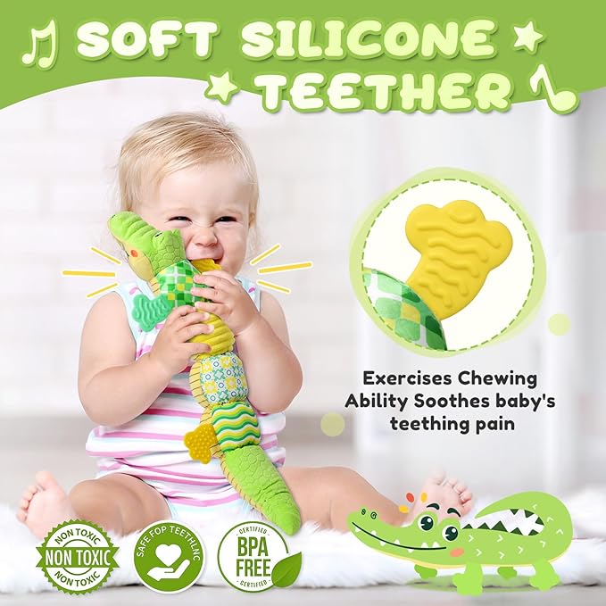 Baby Toys 0 to 12 Months, Musical Stuffed Animals Activity Soft Toy with Multi-Sensory Crinkle, Rattle and Textures, Infant Tummy Time Toys for Newborn Boys Girls, Crocodile, Green