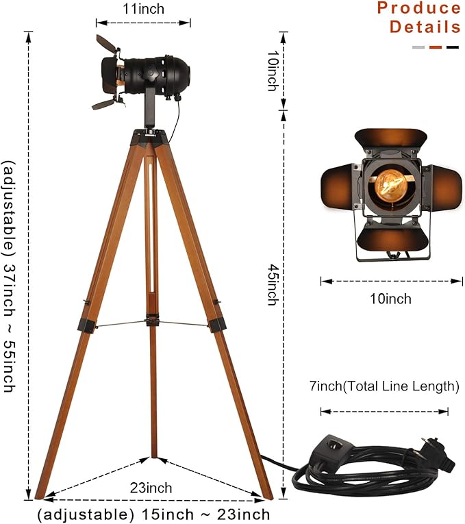 SUNLLOK Vintage Black Wood Tripod Floor Lamp for Living Room, Modern Industrial Metal Nautical Cinema e26 Standing Corner Searchlight - Rustic Reading Adjustable Desk Table Light for Bedroom Office