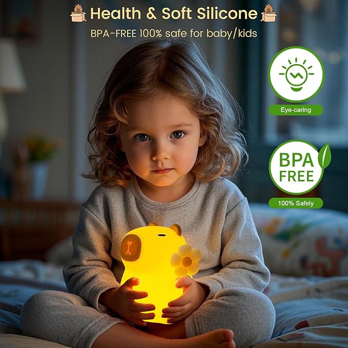 Capybara Night Light, Nursery Lamp, 7-Color RGB & 3-Level Dimmable WarmLight, Tap Control, 30Min Timer, 100% Safe &Soft Silicone, Adorable, Soothing Ambiance, Gift for Kids, Detachable Flower