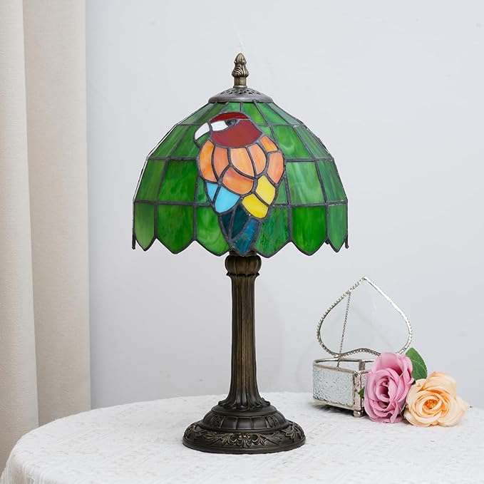 Parrot Tiffany Lamp Green Stained Glass Table lamp Bedroom Bedside Reading Desk Light for Home Office Dormitory Bar Decorate Retro Unique Cute Accent Decor Desk Light Nightstand Lamp
