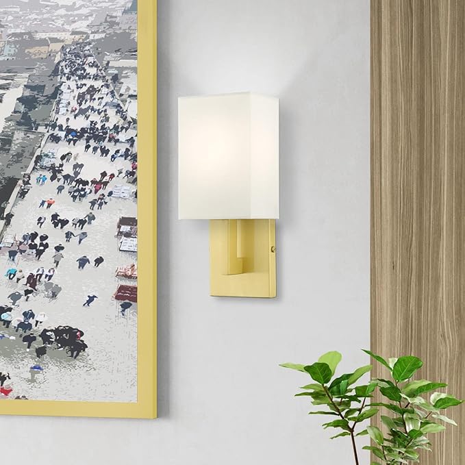 Livex Lighting 51101-12 Meridian Collection ADA 1-Light Wall Sconce Light with Off-White Hardback Fabric Shade, Satin Brass