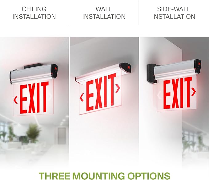 ASD LED Exit Sign with Battery Backup - 120/277V UL 3W Transparent Rotatable Emergency Exit Light for Business, Commercial Hardwired Damp Location Power Outage Lights, Red