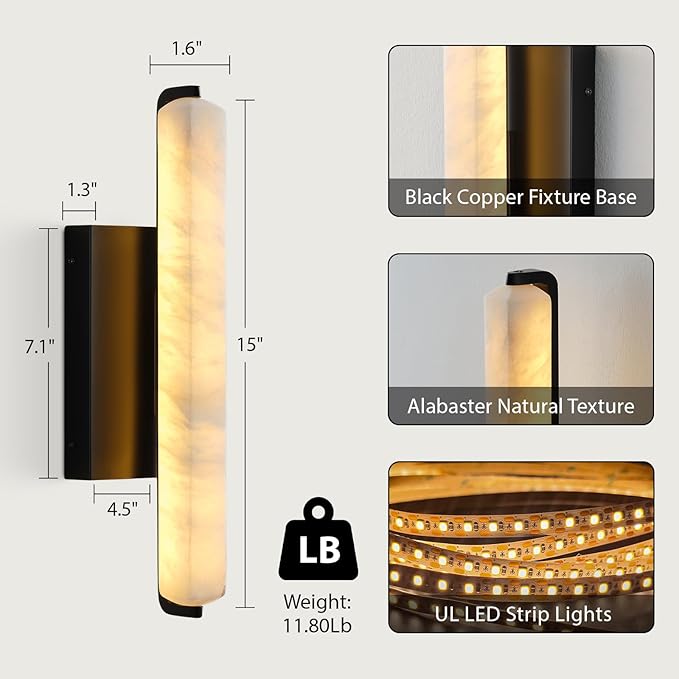 Alabaster Wall Sconces, 15in Black Alabaster Sconce, Modern Spanish Natural Marble Sconces Lights, Rectangle Sconces for Bathroom Vanity Bedroom Living Room Staircases Hallway