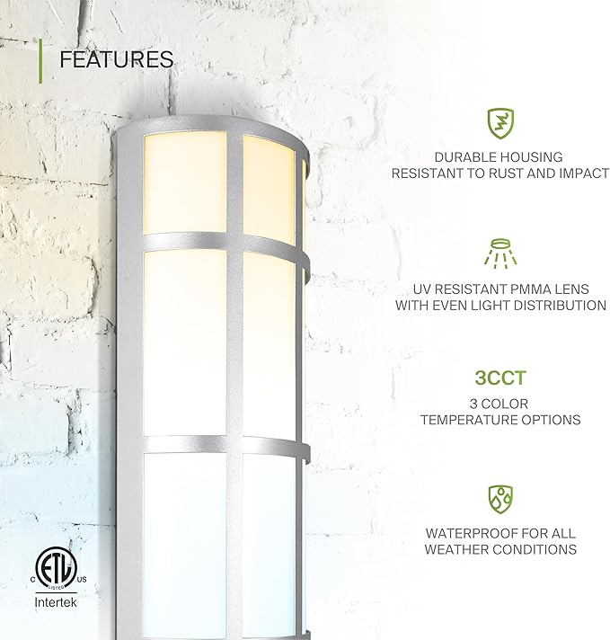 ASD 36 Inch LED Outdoor Wall Mount Light Fixture with Grid - Brushed Nickel Modern Wall Sconce - 30W 120-277V 3000K 4000K 5000K Adjustable - Dimmable Exterior Lights - Front Door, Patio - ETL 2 Pack